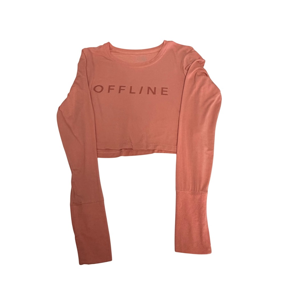 Offline by Aerie Womens Coral Pink Long Sleeve Graphic Crop Top Thumbholes Small